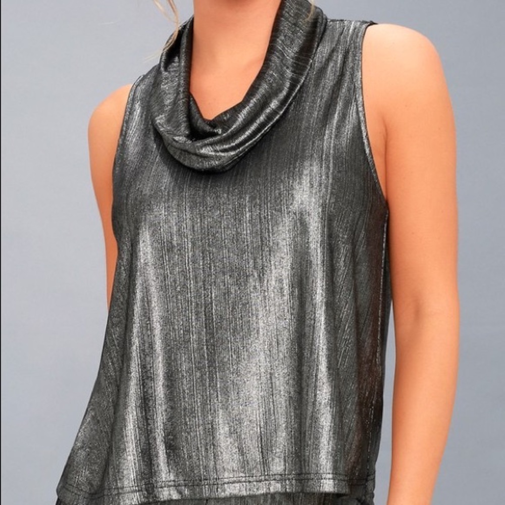 Lenix Metallic Gunmetal Cowl Neck Tank